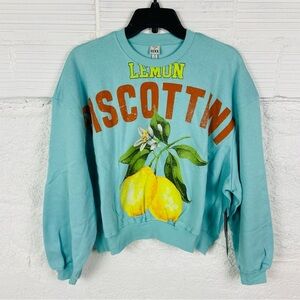 NWT THREADS OF LUXX aqua blue lemon biscottini fleece lemon print sweatshirt XS